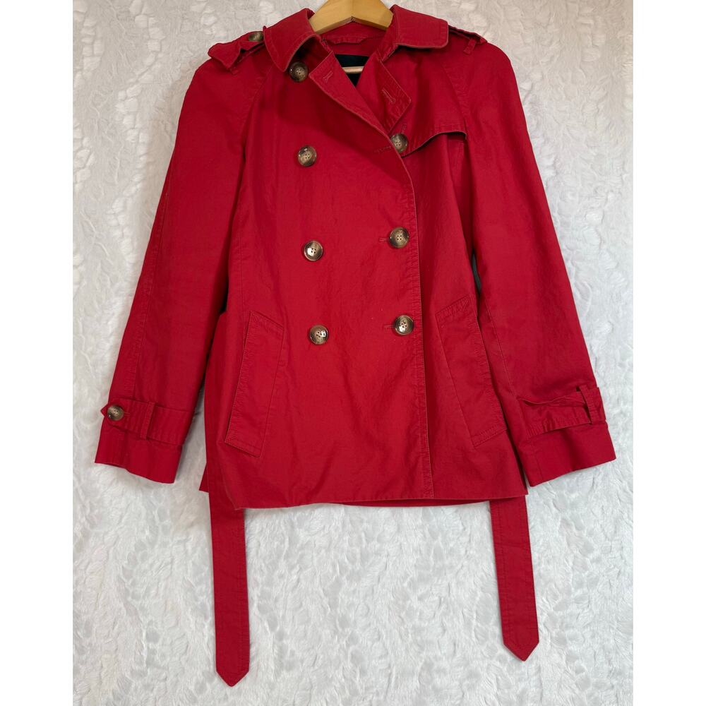 COACH Icon Belted Double Breasted Lined Short Trench Coat Persimmon Red Small